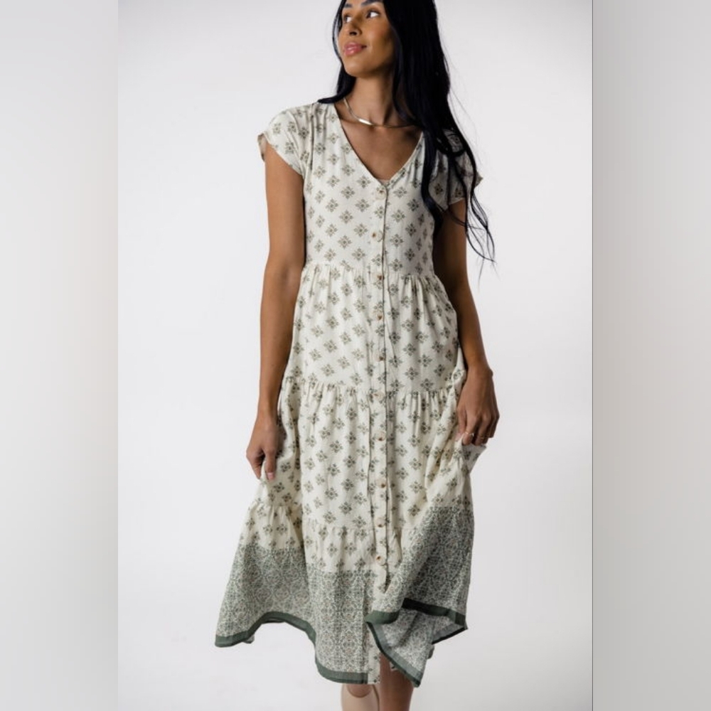 Blu Pepper Geo Print Button-up Midi Dress In Olive